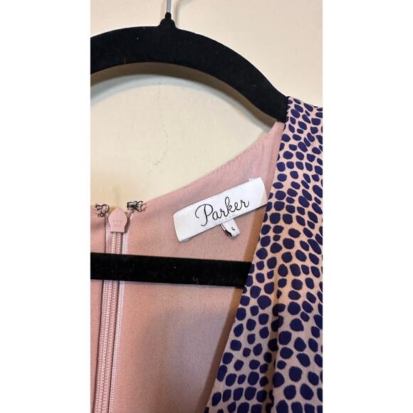 Parker Dress Purple Polka Dot Print Silk Blend Puff Sleeve Faux Wrap Midi Size 4 - Picture 3 of 5